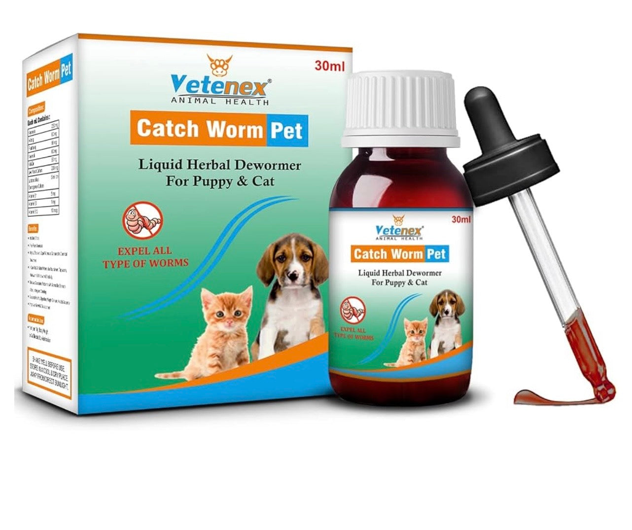 Catch Worm Pet - Herbal Dewormer for Puppy and Cats - 30 ML